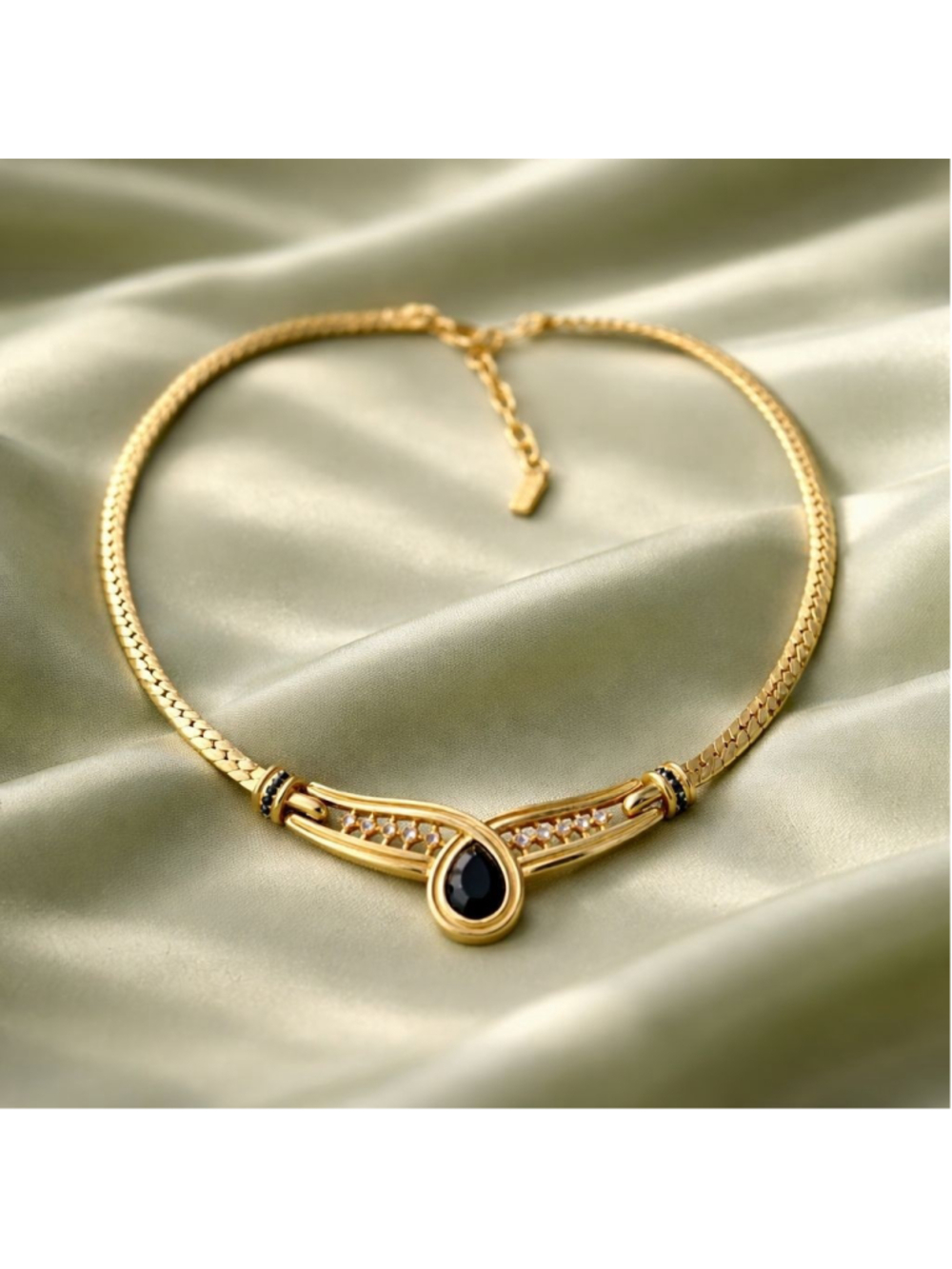 Vintage VENDOME Necklace Gold Bezel Black Teardrop Crystal.
